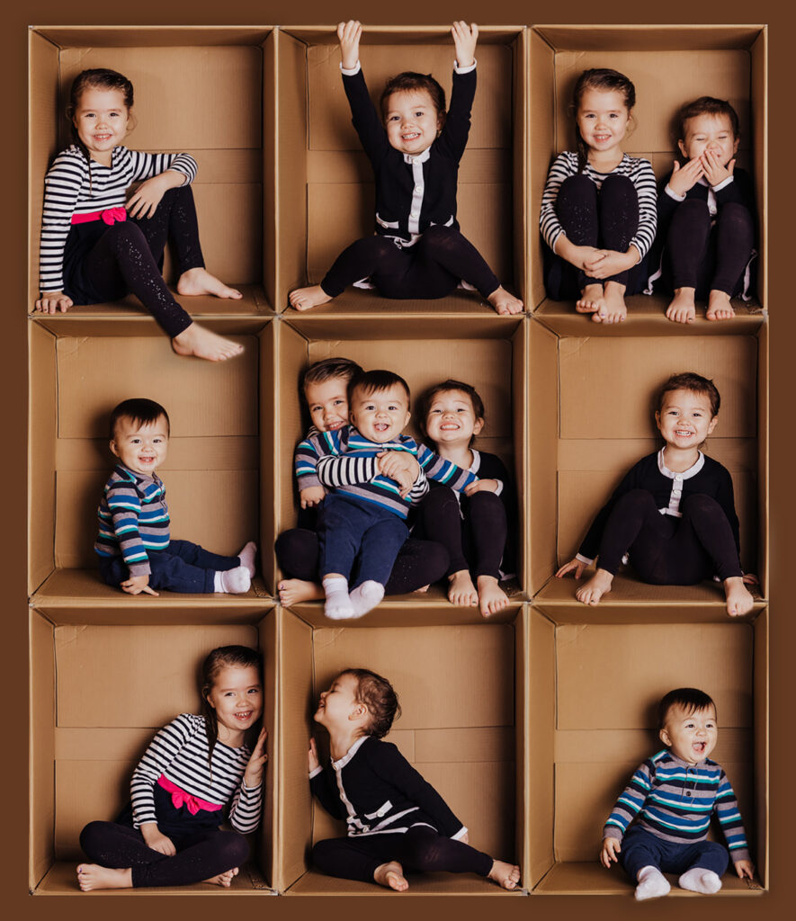 composite of two sisters and baby brother sitting in cardboard boxes stacked on top of each other in 3x3 fashion